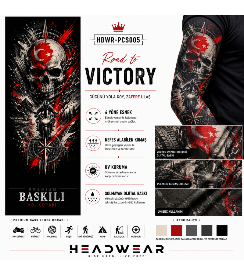 Road To Victory Tactical Arm Sleeve Baskılı Kol Çorabı – 1 Düzine (12 Çift / Sağ & Sol Kol)