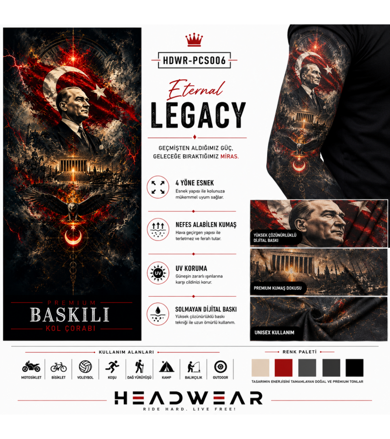 Eternal Legacy Atatürk V2 Tactical Arm Sleeve Baskılı Kol Çorabı – 1 Düzine (12 Çift / Sağ & Sol Kol)