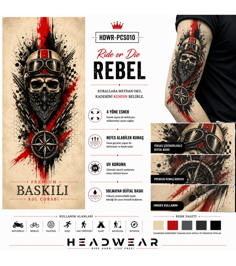 Ride Or Die Rebel Tactical Arm Sleeve Baskılı Kol Çorabı – 1 Düzine (12 Çift / Sağ & Sol Kol)