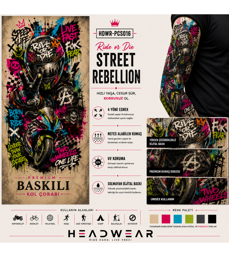 Ride Or Die Street Rebellion Tactical Arm Sleeve Baskılı Kol Çorabı – 1 Düzine (12 Çift / Sağ & Sol Kol)