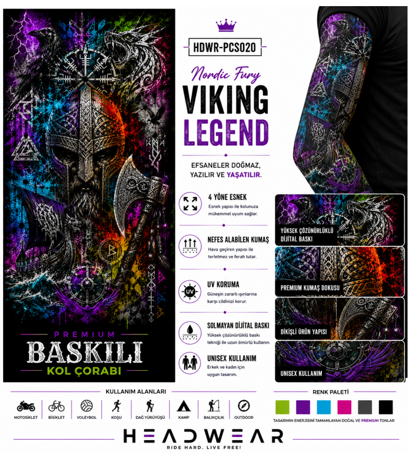 Nordic Fury Viking Legend Tactical Arm Sleeve Baskılı Kol Çorabı – 1 Düzine (12 Çift / Sağ & Sol Kol)