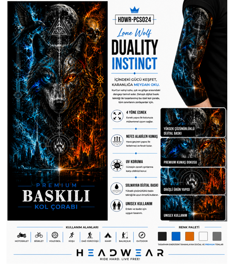 Lone Wolf Duality Instinct Tactical Arm Sleeve Baskılı Kol Çorabı – 1 Düzine (12 Çift / Sağ & Sol Kol)