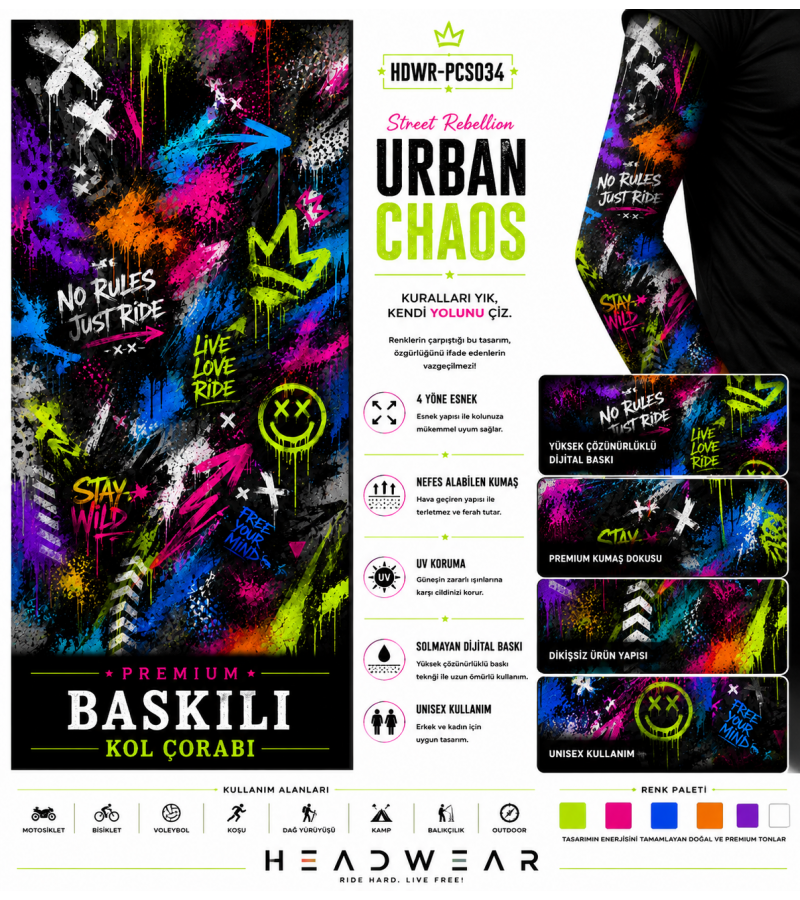 Street Rebellion Urban Chaos Tactical Arm Sleeve Baskılı Kol Çorabı – 1 Düzine (12 Çift / Sağ & Sol Kol)