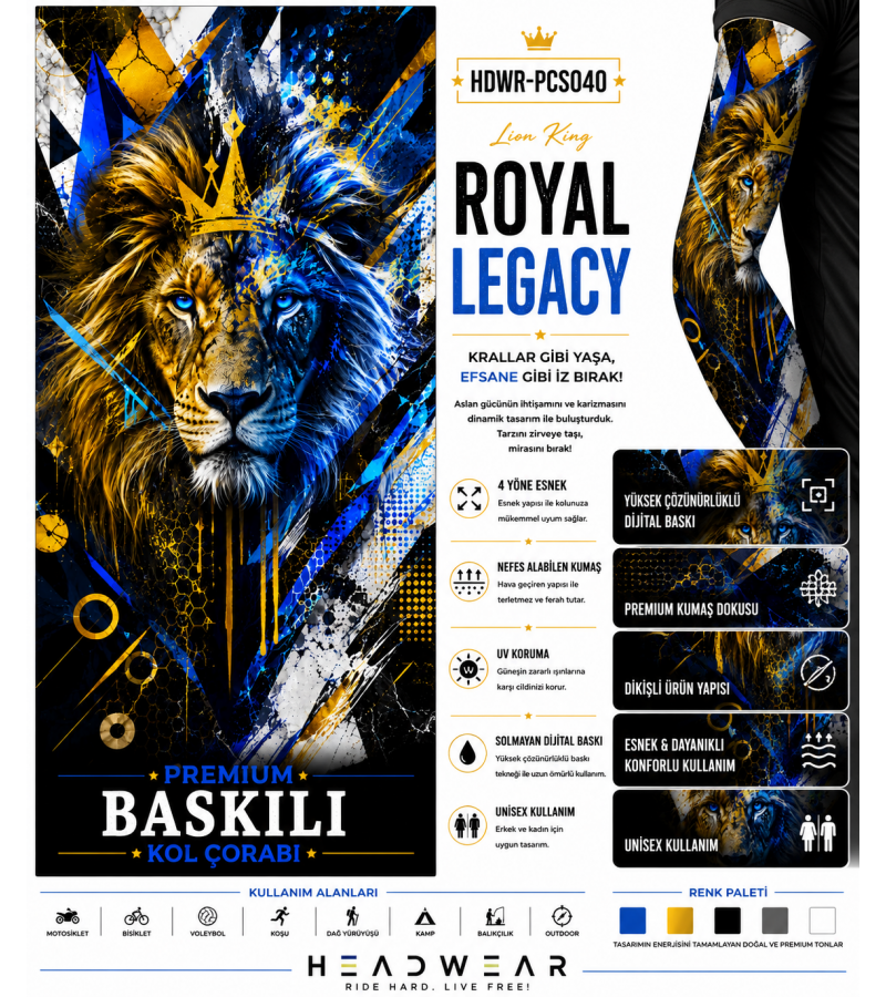 Lion King Royal Legacy Tactical Arm Sleeve Baskılı Kol Çorabı – 1 Düzine (12 Çift / Sağ & Sol Kol)