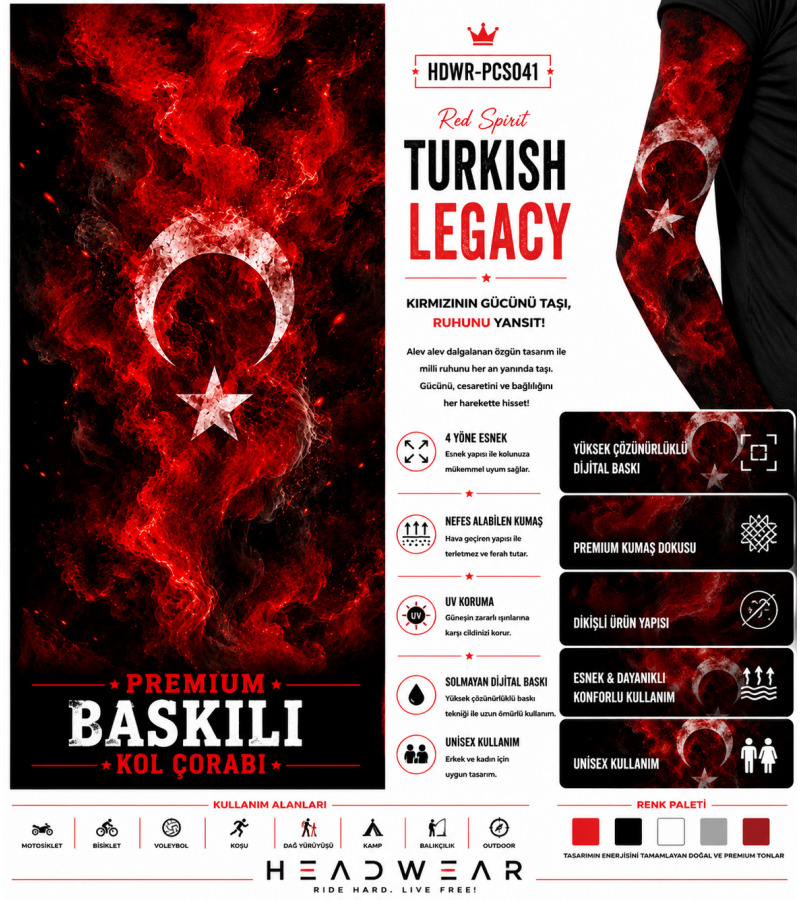Red Spirit Turkish Flag Legend Tactical Arm Sleeve Baskılı Kol Çorabı – 1 Düzine (12 Çift / Sağ & Sol Kol)