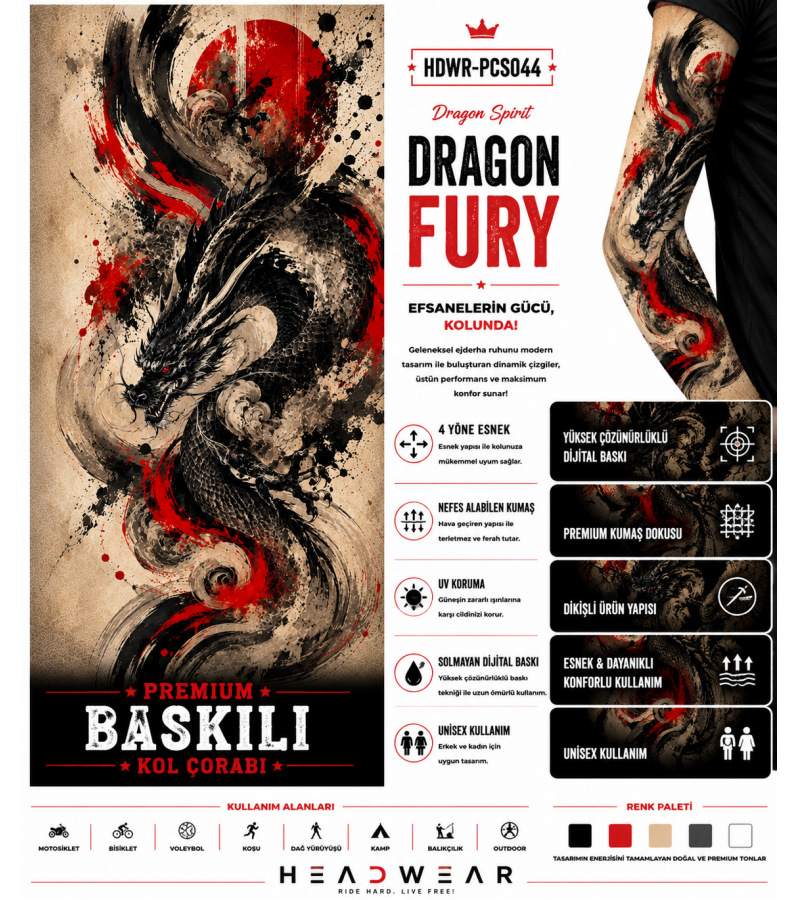 Dragon Spirit Fury Tactical Arm Sleeve Baskılı Kol Çorabı – 1 Düzine (12 Çift / Sağ & Sol Kol)