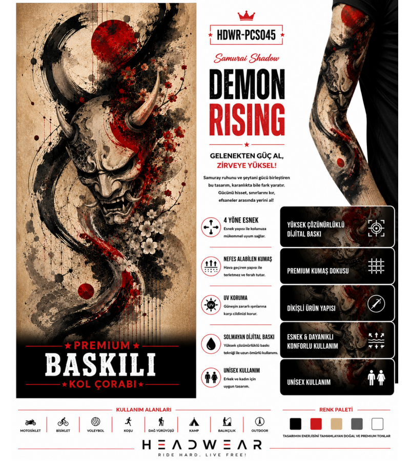 Samurai Shadow Demon Rising Tactical Arm Sleeve Baskılı Kol Çorabı – 1 Düzine (12 Çift / Sağ & Sol Kol)