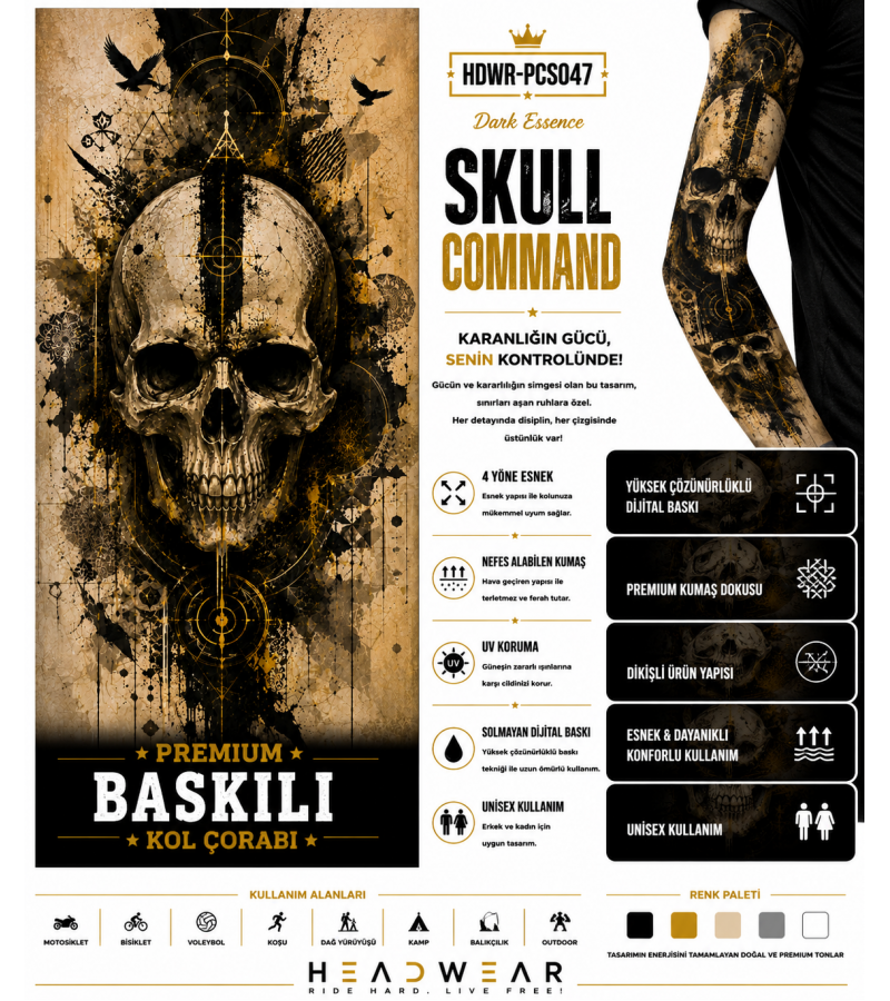 Dark Essence Skull Command Tactical Arm Sleeve Baskılı Kol Çorabı – 1 Düzine (12 Çift / Sağ & Sol Kol)