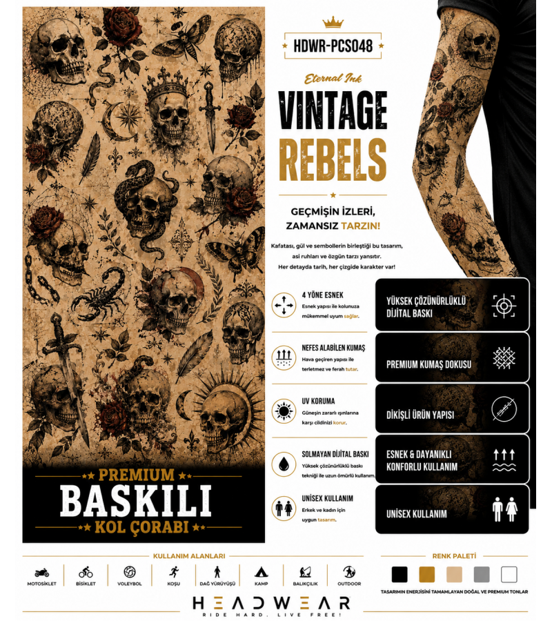 Eternal Ink Vintage Rebels Tactical Arm Sleeve Baskılı Kol Çorabı – 1 Düzine (12 Çift / Sağ & Sol Kol)