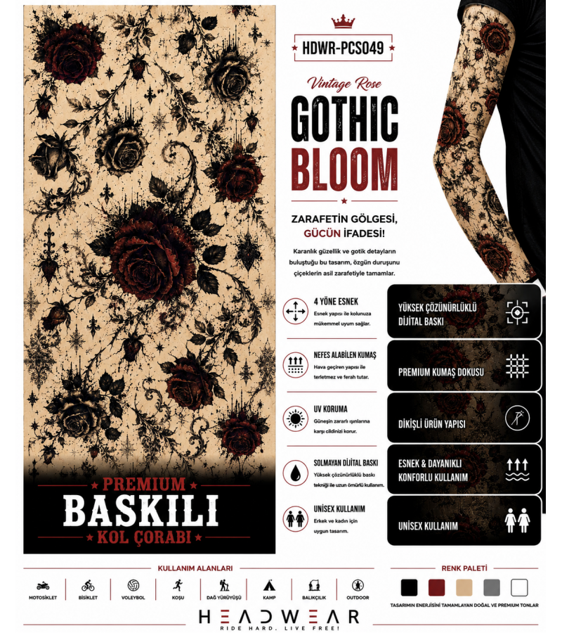 Vintage Rose Gothic Bloom Tactical Arm Sleeve Baskılı Kol Çorabı – 1 Düzine (12 Çift / Sağ & Sol Kol)