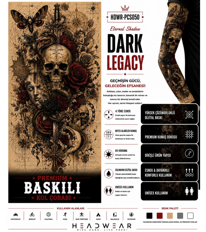 Eternal Shadow Dark Legacy Tactical Arm Sleeve Baskılı Kol Çorabı – 1 Düzine (12 Çift / Sağ & Sol Kol)